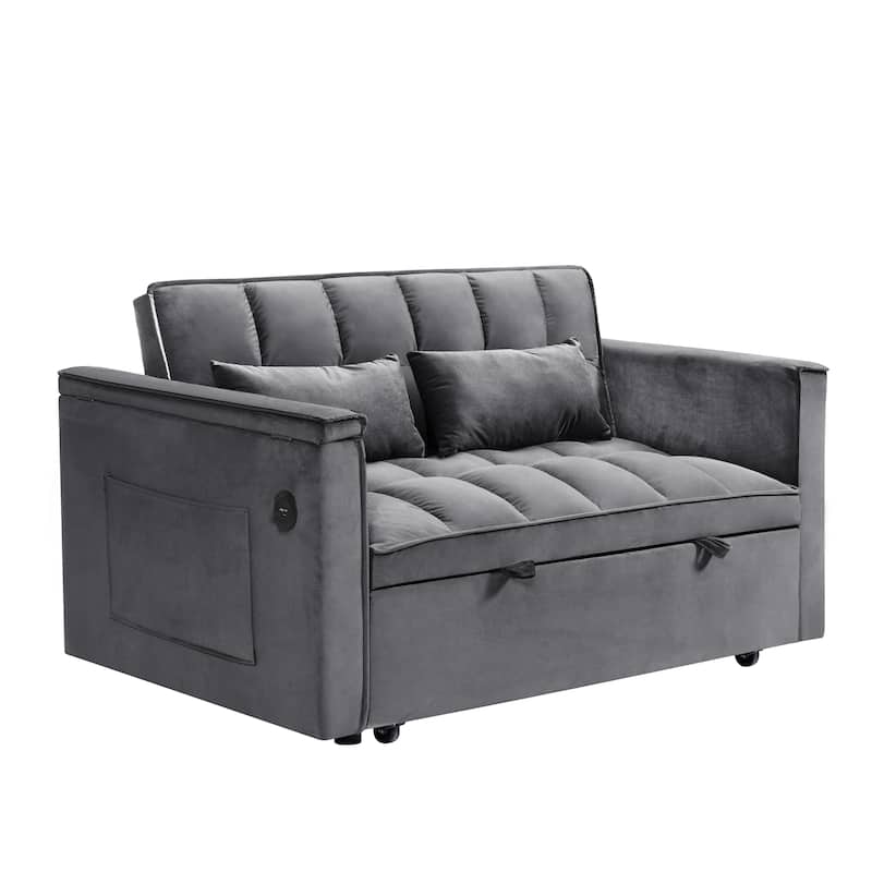 Convertible Sofa Bed, Velvet Sleeper Couch Pull-Out Bed, 55.5'' Loveseat Sleeper Sofa Bed with USB Port and Hidden Side Table