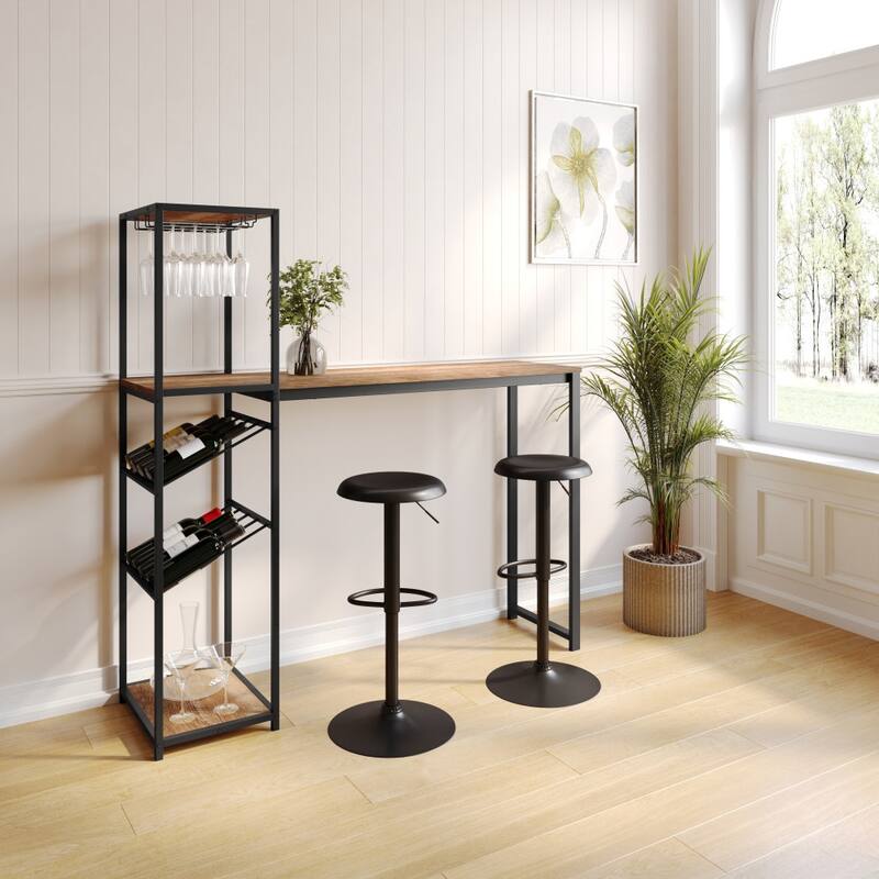 Modern Freestanding Metal Bar Table with Bottle and Stemware Storage - Light Brown Top/Black Frame