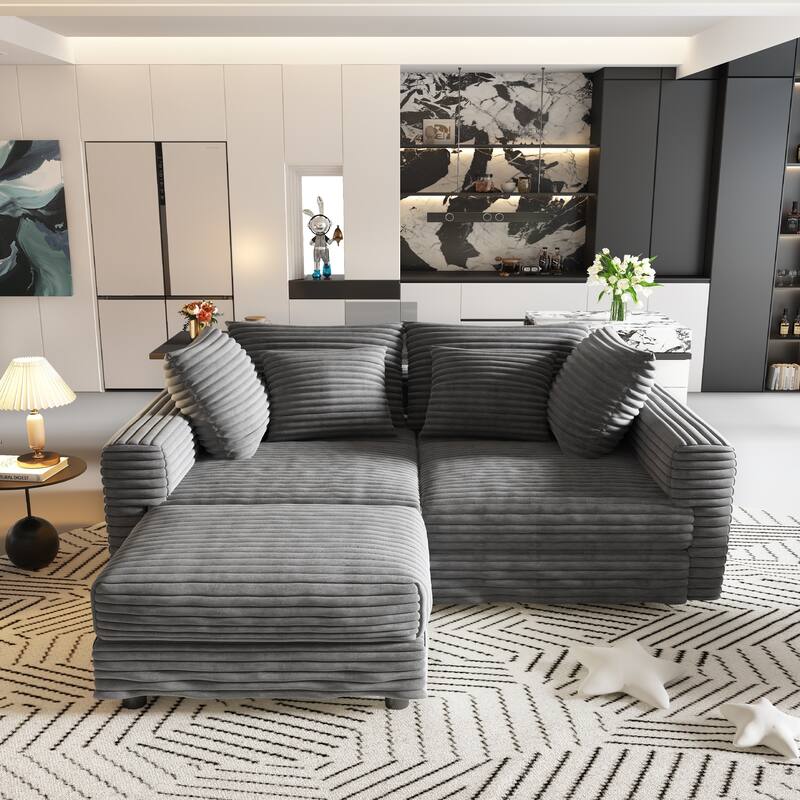 102.4 " Corduroy Modular Sofa, Modern Upholstered Sofa Cloud Couch, Deep Seat Couches w/ Pillows, Movable Ottoman for Apartment
