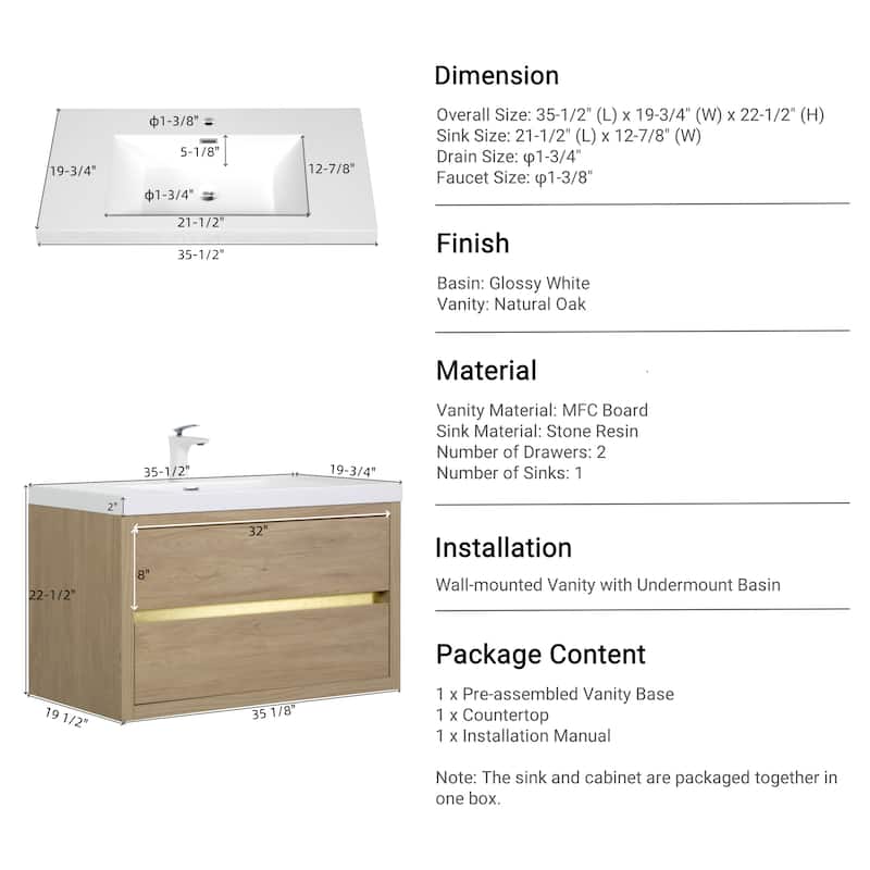 24"/30"/36"Wall Mounted Bathroom Vanity w/ Sink and Soft Close Drawers