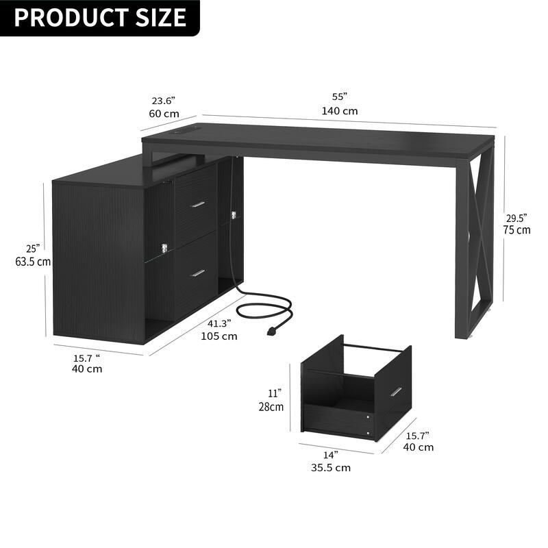 Moasis 55" Reversible L Shaped Gaming Desk with Power Outlets & LED Light Corner Computer Desk with Filing Cabinet