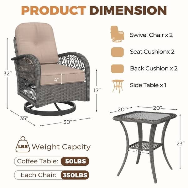 dimension image slide 3 of 5, EROMMY Outdoor 3 Pieces Swivel Rocker Patio Chair Sets with Glass Table, All-Weather Wicker & Thickened Cushions for Backyard
