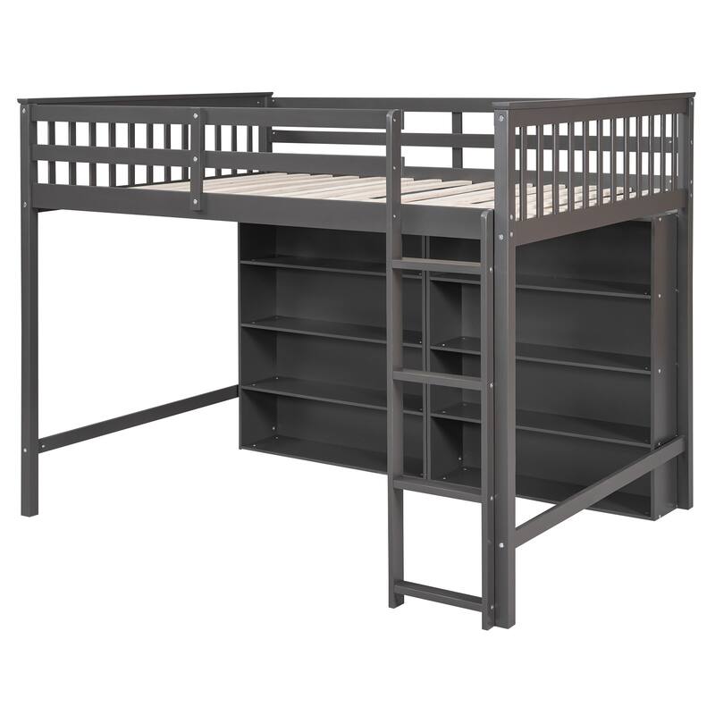 Full Loft Bed with 8 Storage Shelves, Built-in Ladder, and Safety Guardrails - Perfect for Kids' Study and Play Area