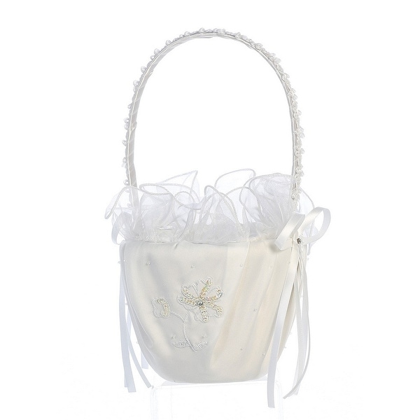 White Satin Sequin Floral Embroidery Flower Girl Basket - One Size. Opens flyout.