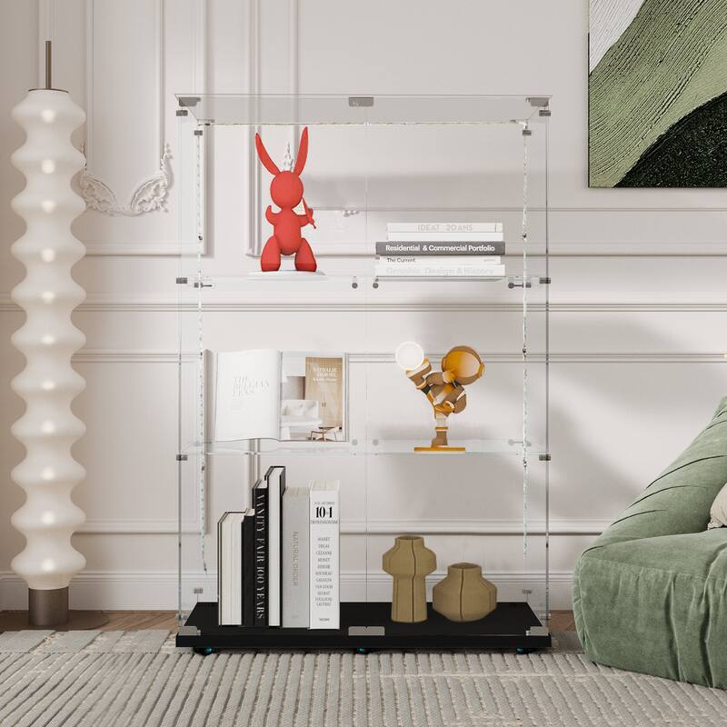 Tempered Glass Display Cabinet, File Cabinet, Tempered Glass Top, Bluetooth LED Light Strip, with Door Lock