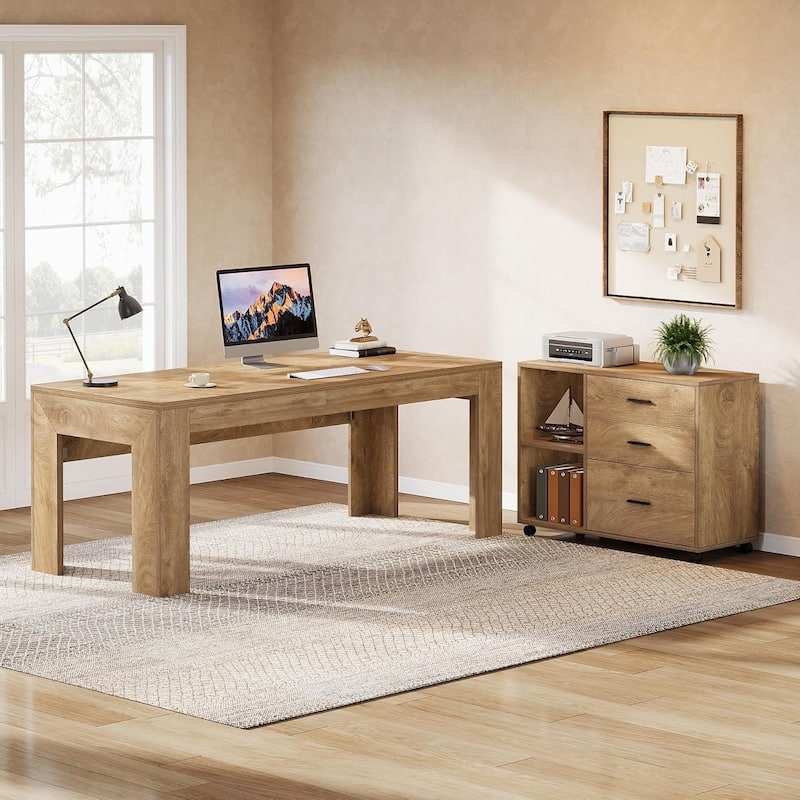 63" L Shaped Executive Desk Office Computer Desk Mobile File Cabinet with Drawers/Shelves Home Office Business Furniture