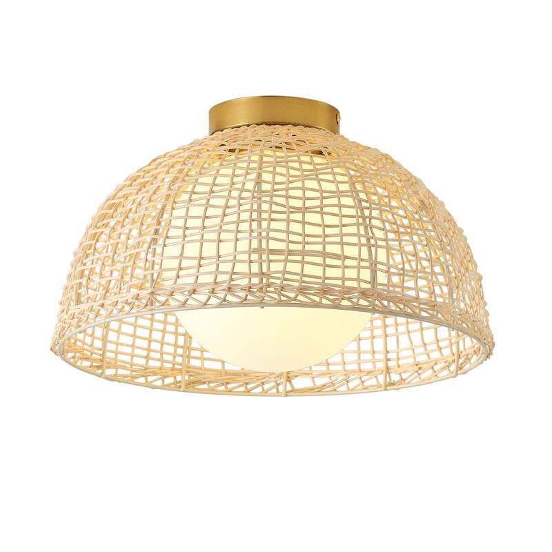 Boho Rattan Flush Mount Ceiling Light with Frosted Glass and Brass Finish for Bedroom, Entryway, or Living Room
