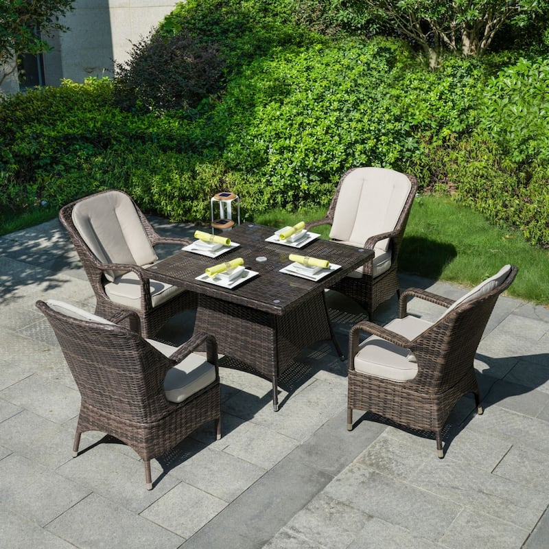 5-piece Patio Wicker Dining Set with Cushions Outdoor Furniture - Brown-Square