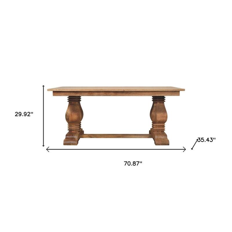 HomeRoots 71" Brown Solid Wood Double Pedestal Base Dining Table - 70.87 in. x 29.92 in. x 35.43 in.