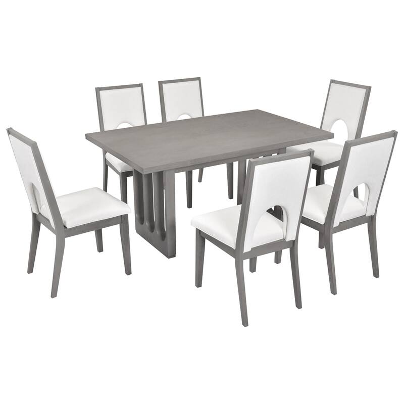 Wood Dining Table Set for 6, 1 Dining Table & 6 Upholstered Chairs