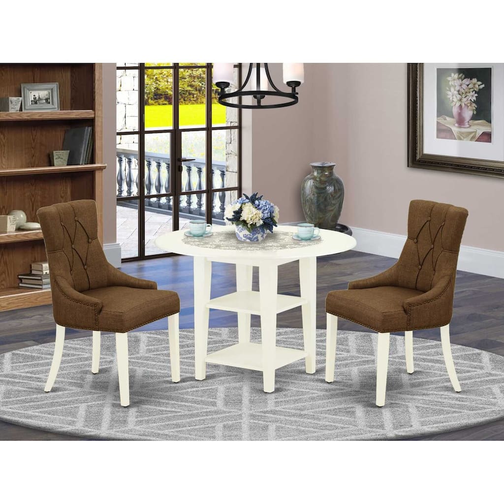 HomeStock 3-Piece Linen White Finish Round Solid Wood Top with Dropleaf Dining Table Set