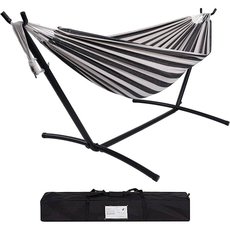 Double Cotton Hammock with Heavy Duty Steel Stand - Black&White