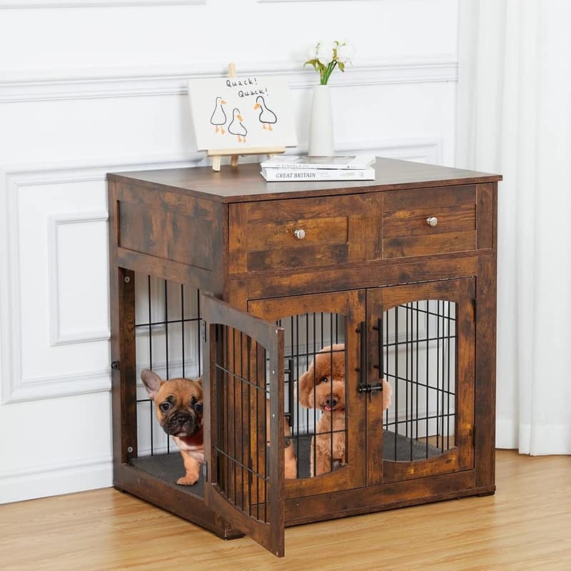 Wooden Dog Crate Furniture with Cushion 3Door Kennel End Table with2 Drawers