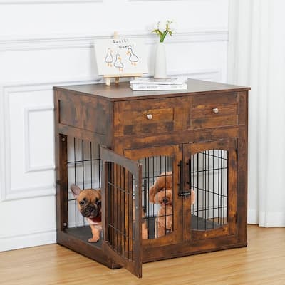 Wooden Dog Crate Furniture with Cushion 3Door Kennel End Table with2 Drawers