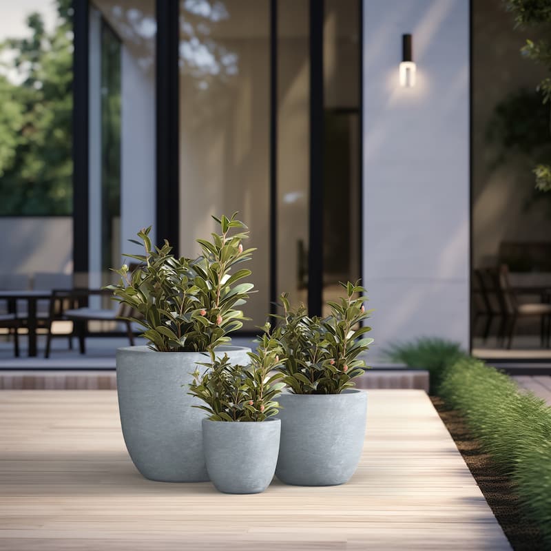 Tall Concrete Round Plant Pots / Large Indoor and Outdoor flower Planters - 3 Piece Set (10, 14, 18 Inch Diameter) - Soft Slate