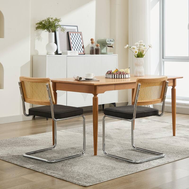 GDF Studio - Mid-Century Linen Dining Chairs with Natural Rattan Cane Back & Chrome Cantilever Base, Set of 2