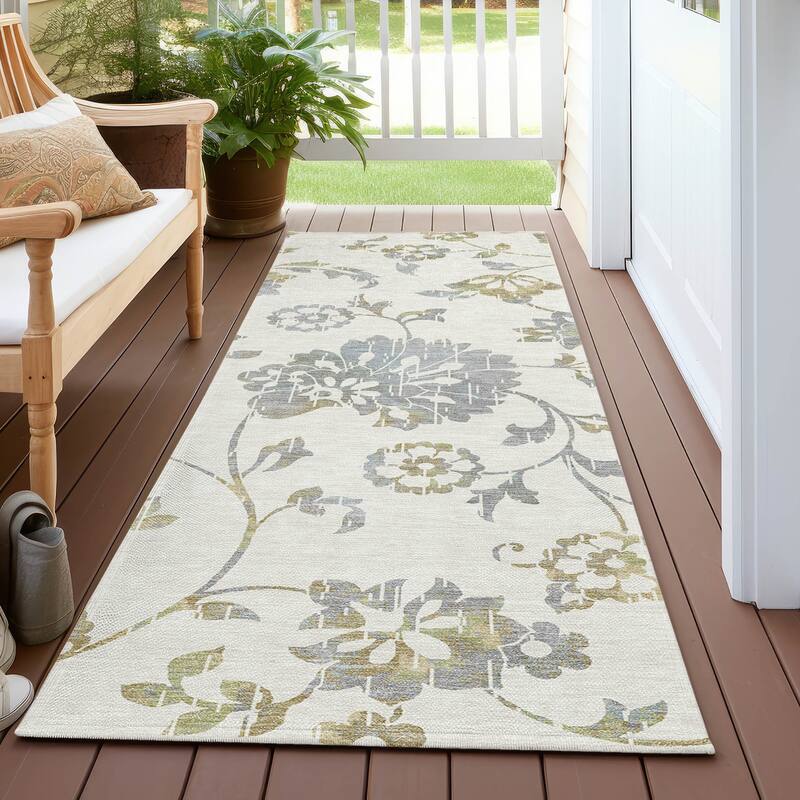 Machine Washable Indoor/ Outdoor Chantille Modern Floral Rug - Ivory - 2'3" x 7'6"