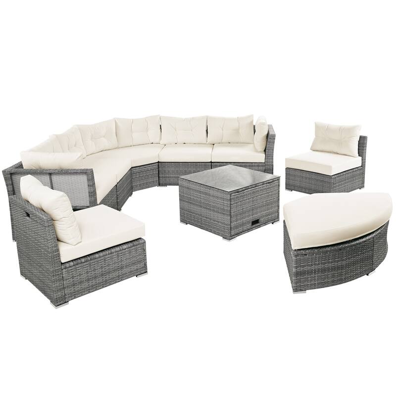 Outdoor Wicker Curved Daybed Sectional Sofa Set with Storage Table