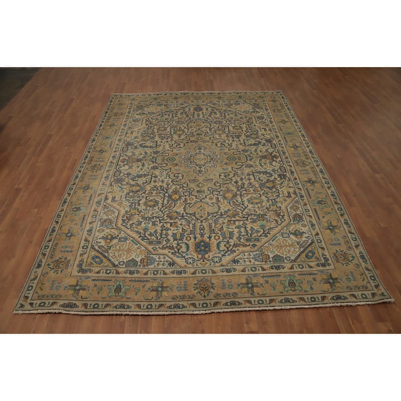 Hand Knotted Oriental 100% Wool Carpet Traditional Floral Beige & Ivories Tabriz Area Rug - 11' 1'' X 8' 3''