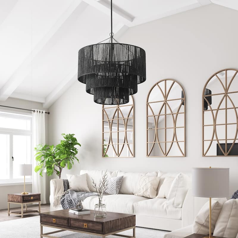 Farmhouse Matte Black Rope Paper Craft Pendant Light Hand-Woven Hanging Lamp
