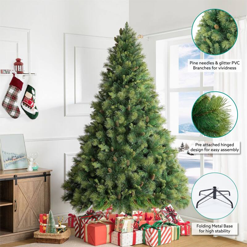 Real Tree Mimic Pre-Lit Artificial Christmas Tree with Fluffy PVC Branches, Folding Metal Base, and Easy 3-Step Assembly