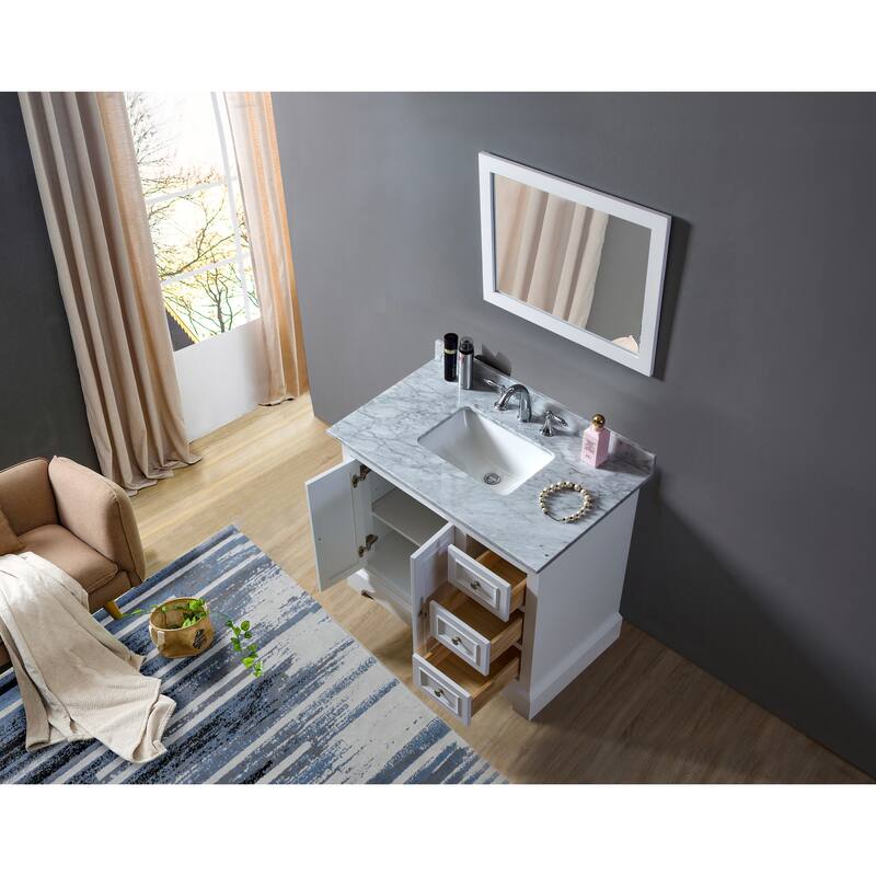 Kingswood 36 in. Vanity in White with White Carrara Marble Top and 1 large mirror