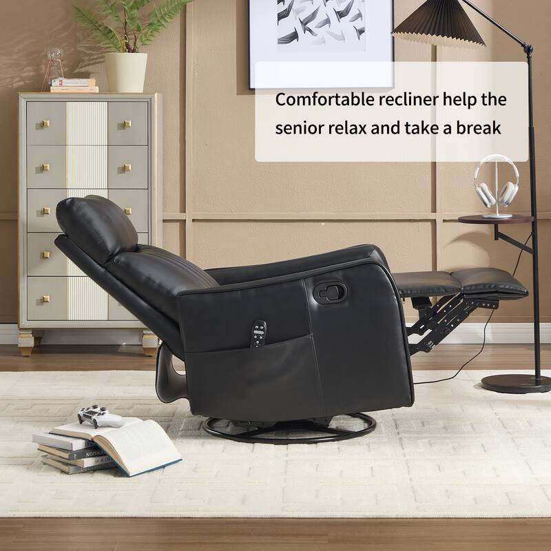 Black Faux Leather Heat Massage Manual Recliner Chair with Rocker and Swivel for Living Room