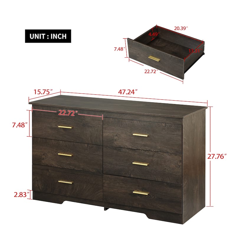 Modern Buffet Cabinet with 6 Storage Drawers and Gold Metal Handles for Dining Room, Living Room, Kitchen