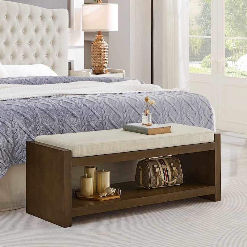 GDFStudio - Layla 47" Modern Linen Bench with Padded Seat & Shoe Rack - Beige