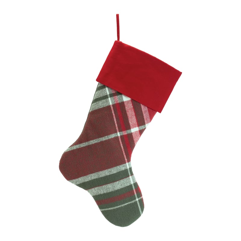Set of 2 Holiday Stockings Plaid Print Red and Green Cotton Christmas Decor Fireplace Hangers - 11”L x 1”W x 17”H