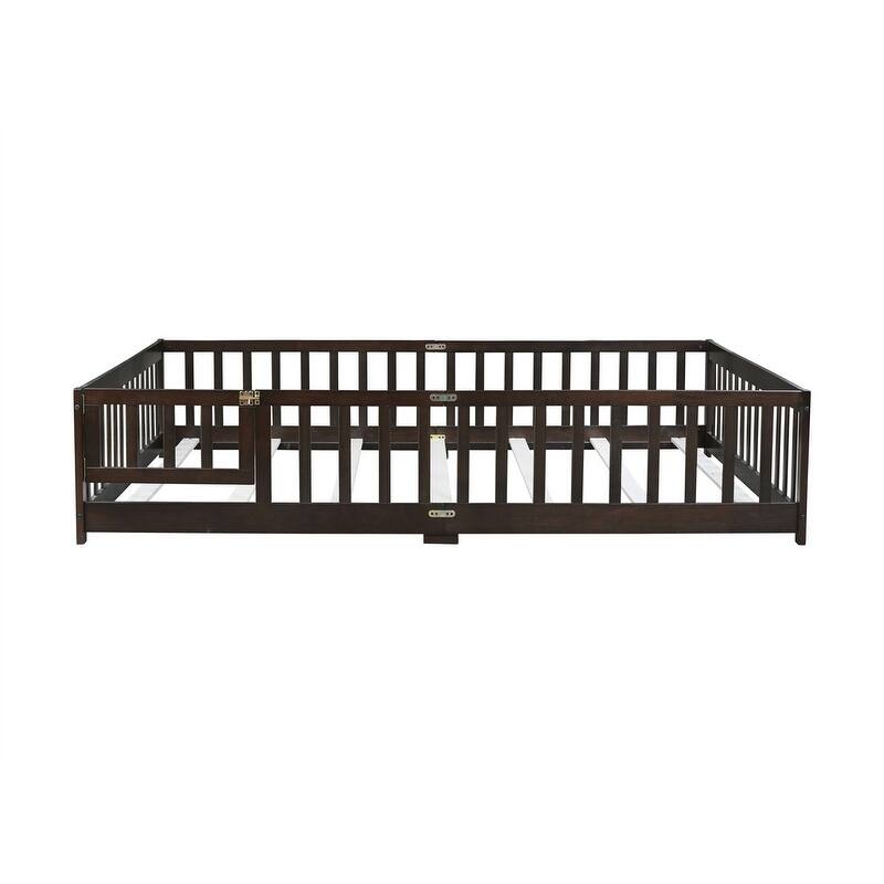 Twin/Full/Queen Size Floor Bed with Fence Guardrails and Door, Rubber Wood Toddler Bed Montessori Bed with Slats Support