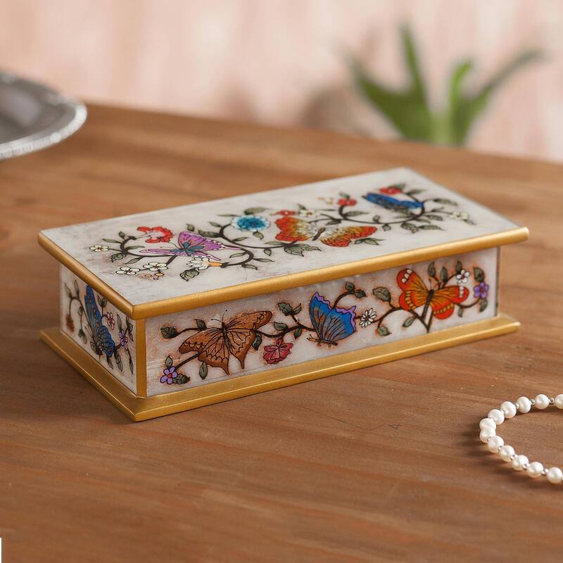Handmade Butterfly Jubilee In Bone Reverse Painted Glass Decorative Box (Peru) - 2" H x 7.75" W x 3.9" D