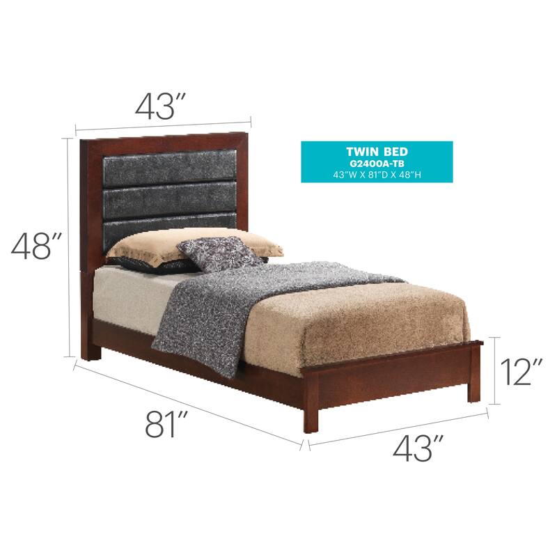 Roomfitters Upholstered Platform Bed Frame with Horizontal Channel Padded Headboard, No Box Spring Needed - Cherry - Twin