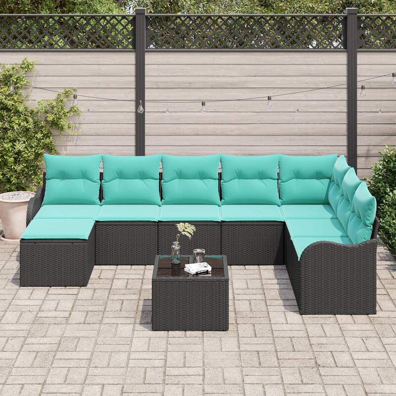 vidaXL 8/9 Patio Sofa Set with Cushions Black/Brown/Grey Poly Rattan - 113.2 x 69.9 x 27.2