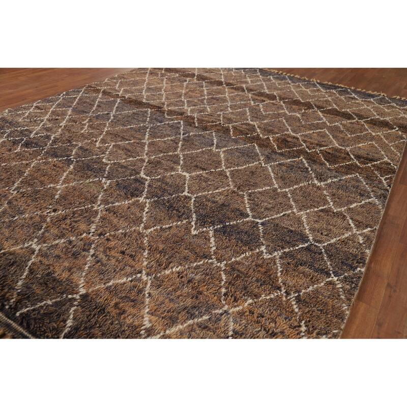 All-Over Brown Moroccan Area Rug Hand-Knotted Wool Carpet - 8'1" x 10'11"