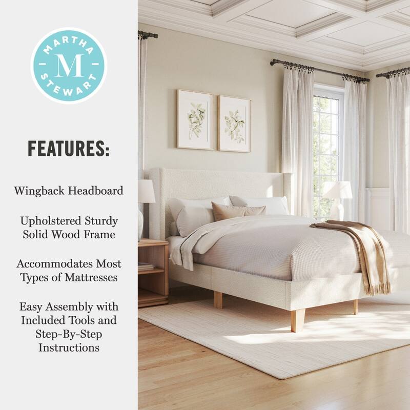 Martha Stewart Upholstered Platform Bed with Wingback Headboard