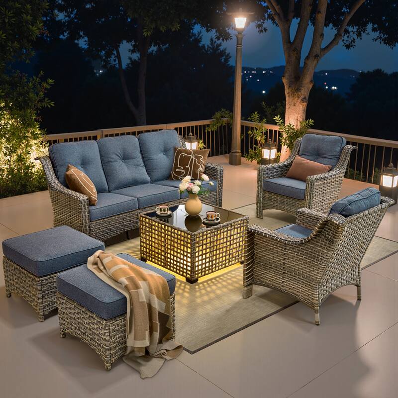 OVIOS 6 Pieces Outdoor Wicker Set With Solar-Powered Table - ​​Denim Blue​