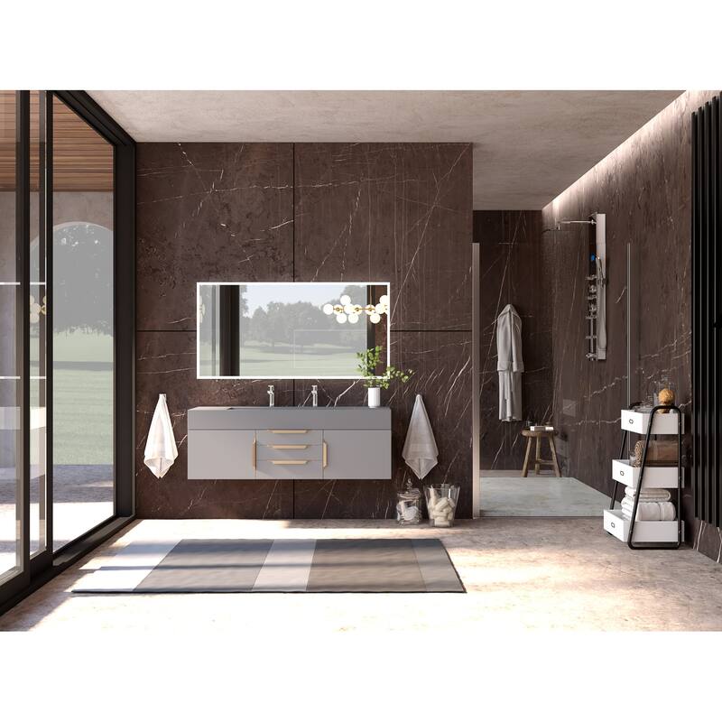 Nile 60" Wall Mounted Bathroom Vanity Set with Gray Solid Surface Top