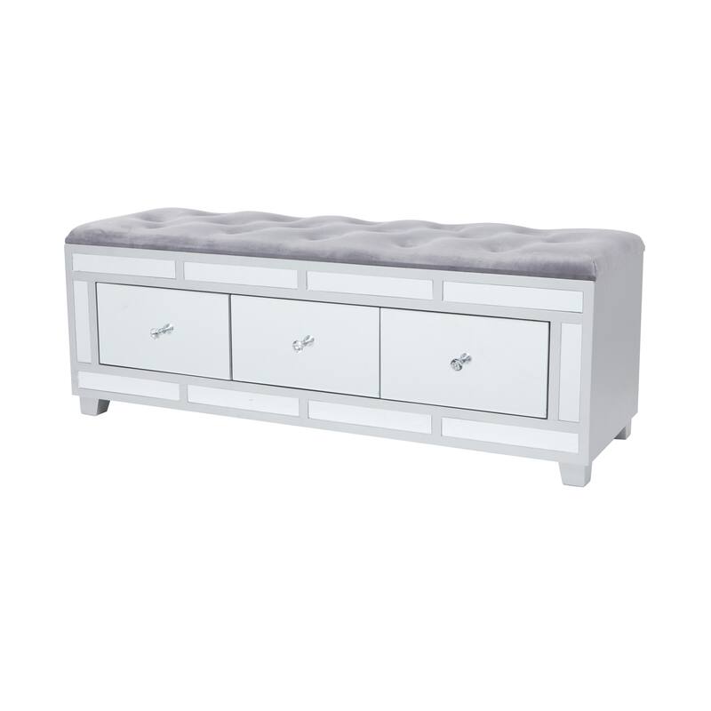 Gray Velvet Mirrored 3 Drawer Room Storage Bench with Upholstered Seat