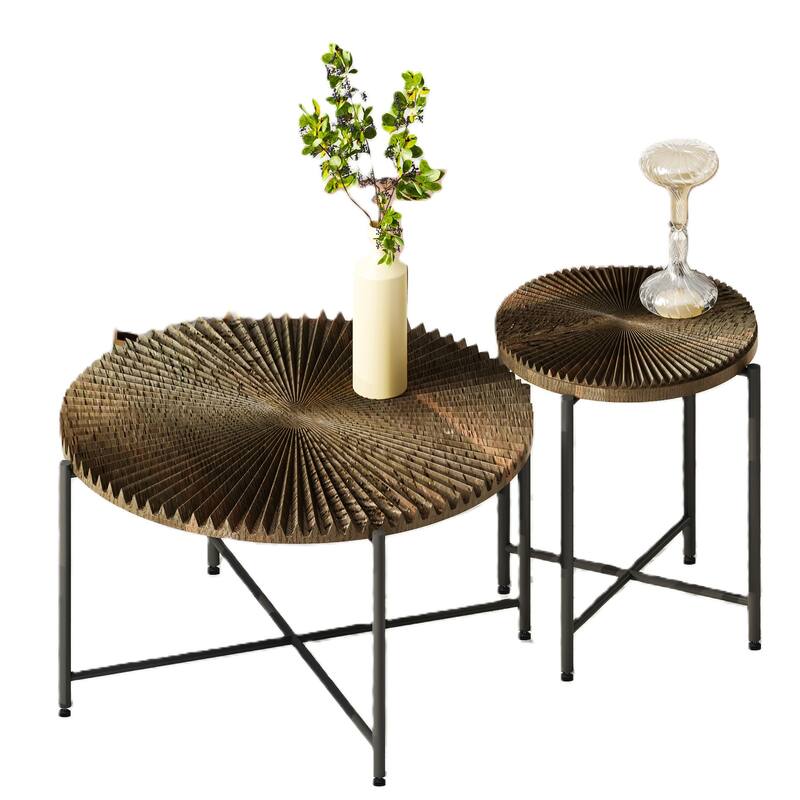 2-Piece Coffee and End Table Set - Waterproof MDF with PVC Cover, Distressed Cylindrical Design
