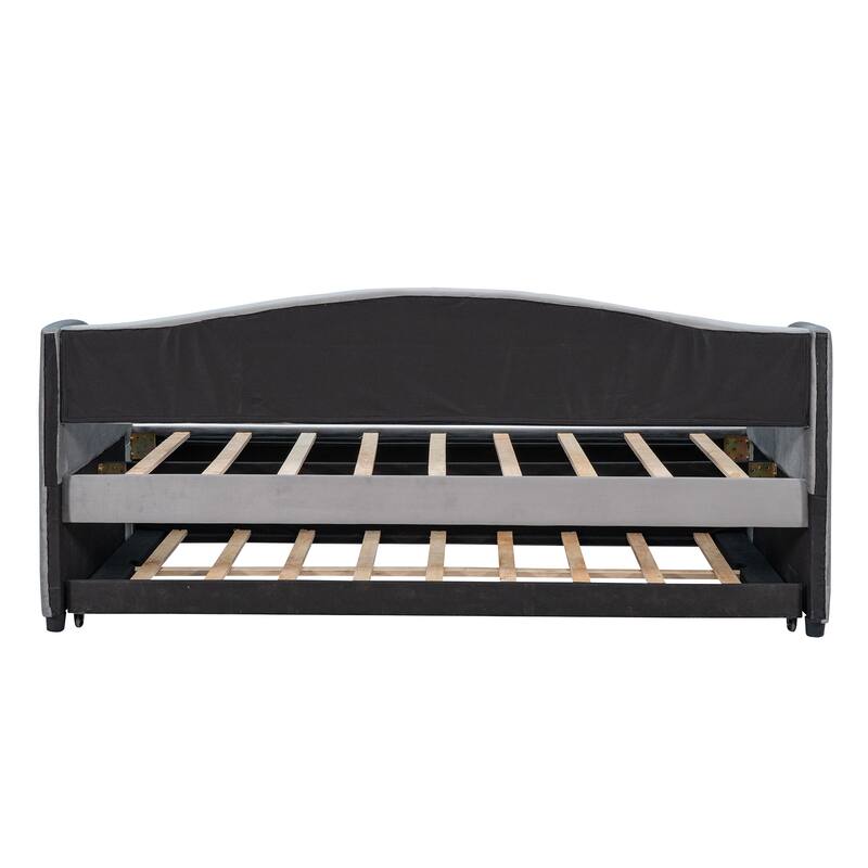 Twin Size Daybed Frame Rays Pattern Design Velvet Upholstered Daybed with 2 Drawers or Trundle, Wood Slat Support