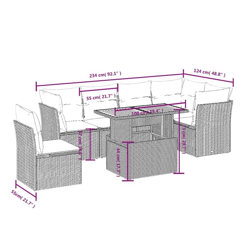 vidaXL 7 Piece Patio Sofa Set with Cushions Gray Poly Rattan - 24.4" x 24.4" x 27.2"