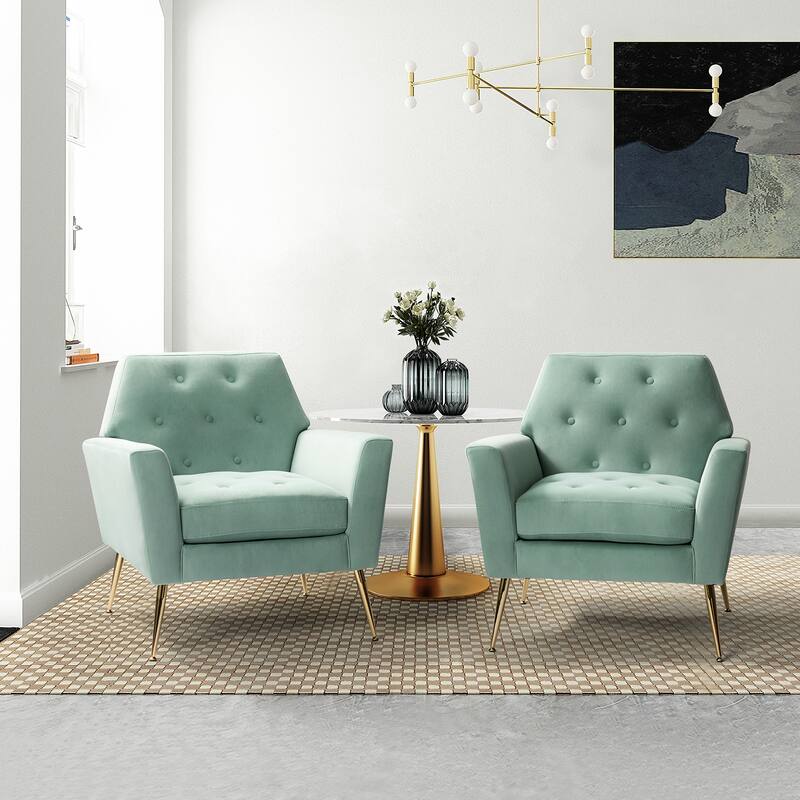 Lilia Contemporary Velvet Upholstered Tufted Back Armchair with Metal Golden legs Set of 2 by HULALA HOME - SAGE