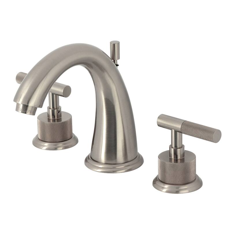 Kingston Brass Convergent Two-Handle 3-Hole Deck Mount Widespread Bathroom Faucet with Knurled Handle and Brass Pop-Up Drain - Brushed Nickel