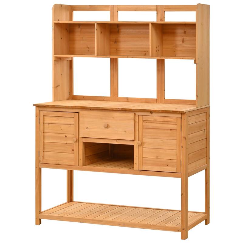Fir Wood Garden Work Table - Potting Bench with Hutch, Drawer & Adjustable Shelves