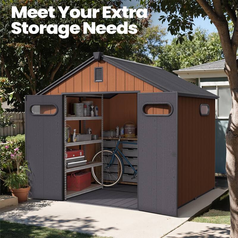 All-Weather Waterproof Lockable Door Resin Outdoor Storage Shed with Window Vent Floor for Patio Furniture and Tools