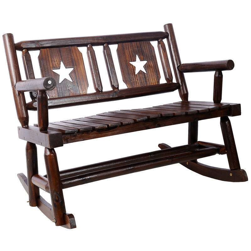 Heavy Duty 2-Person Outdoor Rocking Bench, Carbonized Wood for Porch - Brown