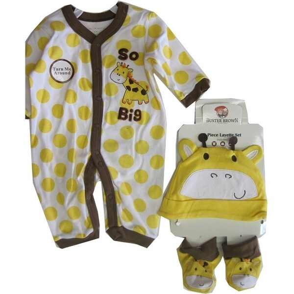 Buster Brown White Yellow Dot Hat Booties 3 Piece Bodysuit Set 0-9M