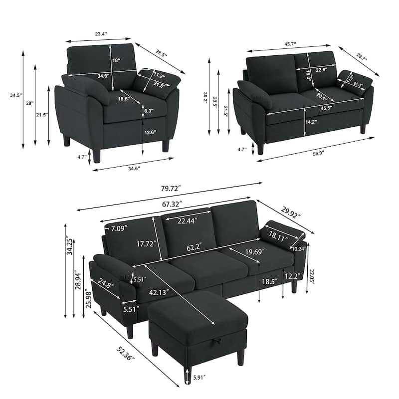 4-Piece Living Room Sectional Sofa Set with Loveseat and Chair