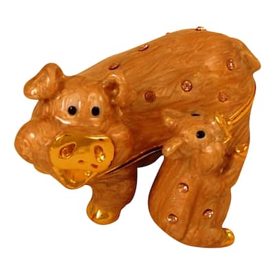 Mother and Baby Pig Piggy Pigs Piglet Jeweled Enameled Hinged Trinket Box - Pink